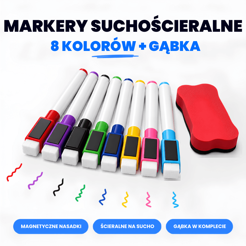 Markery Suchościeralne Magnetyczne – 8 Kolorów z Gąbką